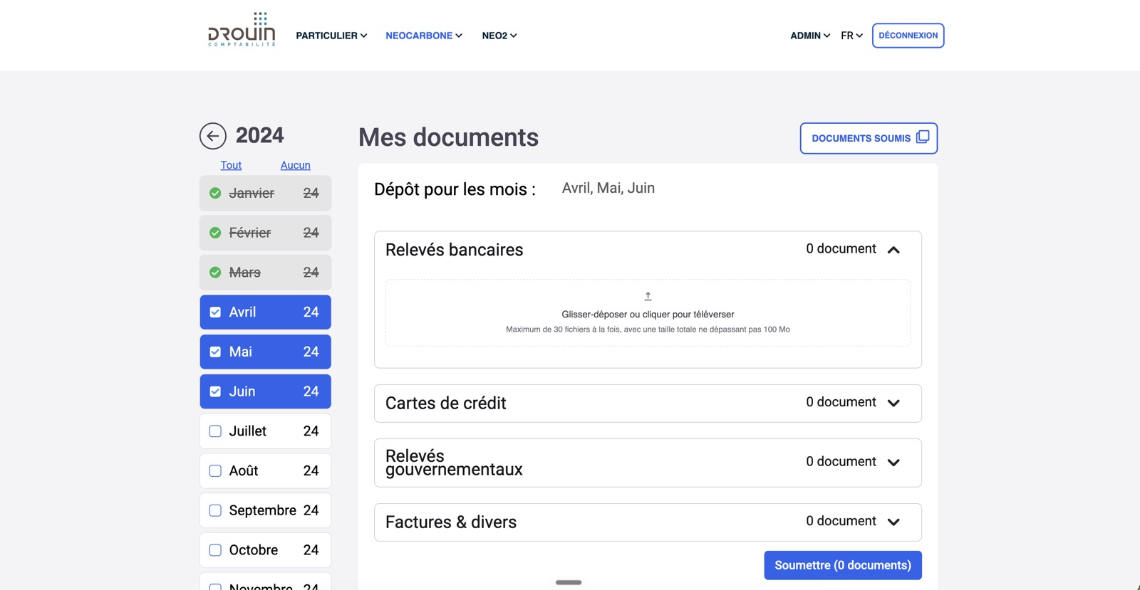 The Drouin portal document screen, with months listed down the left and upload areas per document category on the right
