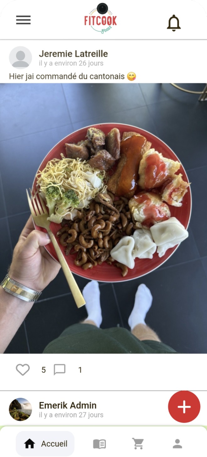 FitCook Foodz community feed with a member post, photo, likes and comments