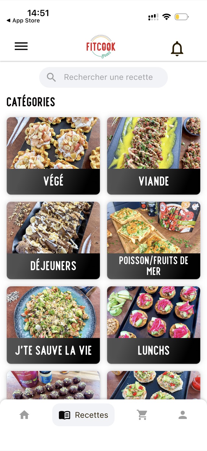FitCook Foodz recipe browser with search and recipe categories
