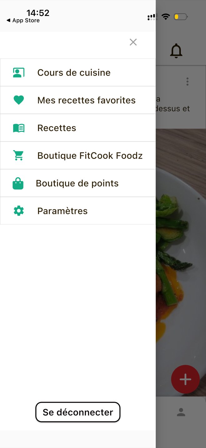 FitCook Foodz navigation drawer listing cooking courses, favorite recipes, recipes, store, points store and settings