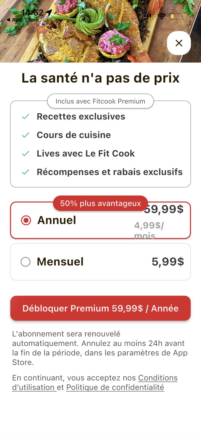 FitCook Foodz Premium paywall comparing an annual and a monthly plan with the included benefits
