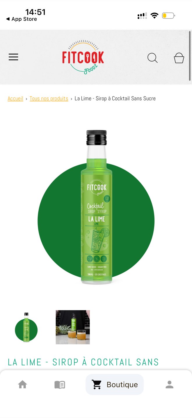FitCook Foodz product page for a lime cocktail syrup with image gallery and breadcrumb navigation