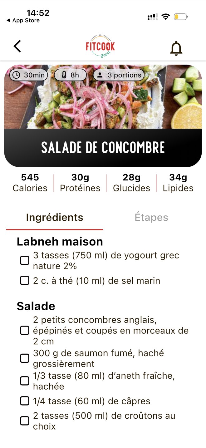 FitCook Foodz recipe page showing calories, protein, carbs and fat with a checkable ingredient list