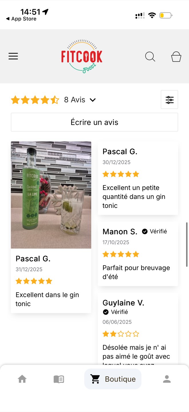 FitCook Foodz product reviews with a 4.5 star average, verified buyer badges and a customer photo review
