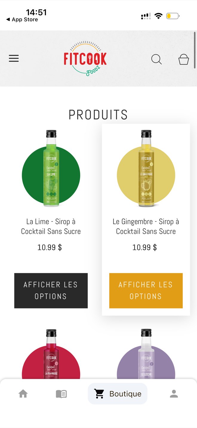 FitCook Foodz in-app store showing the sugar-free cocktail syrup product grid with prices