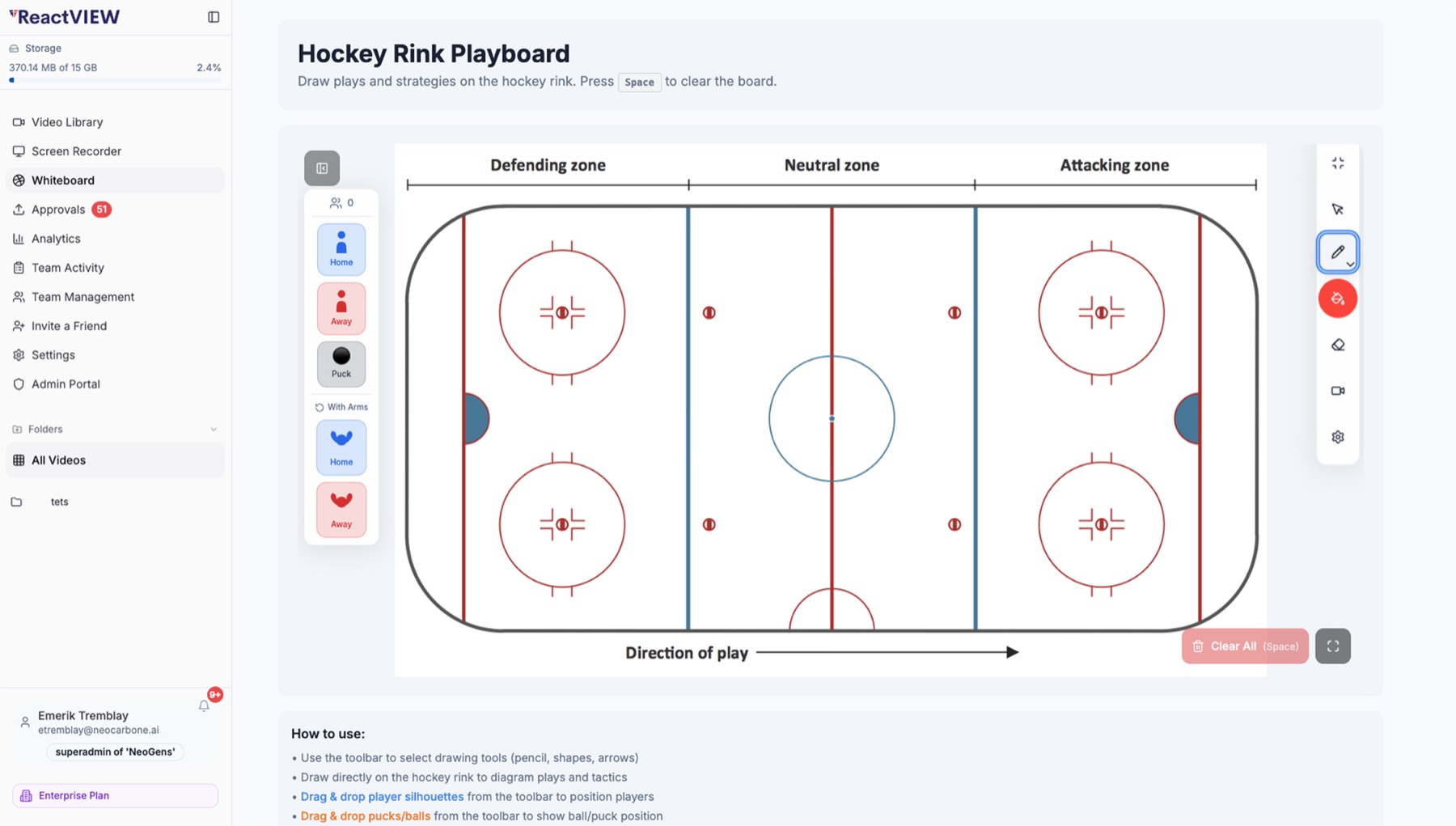 The hockey rink playboard with zones labelled, draggable player tokens and pucks, and drawing tools