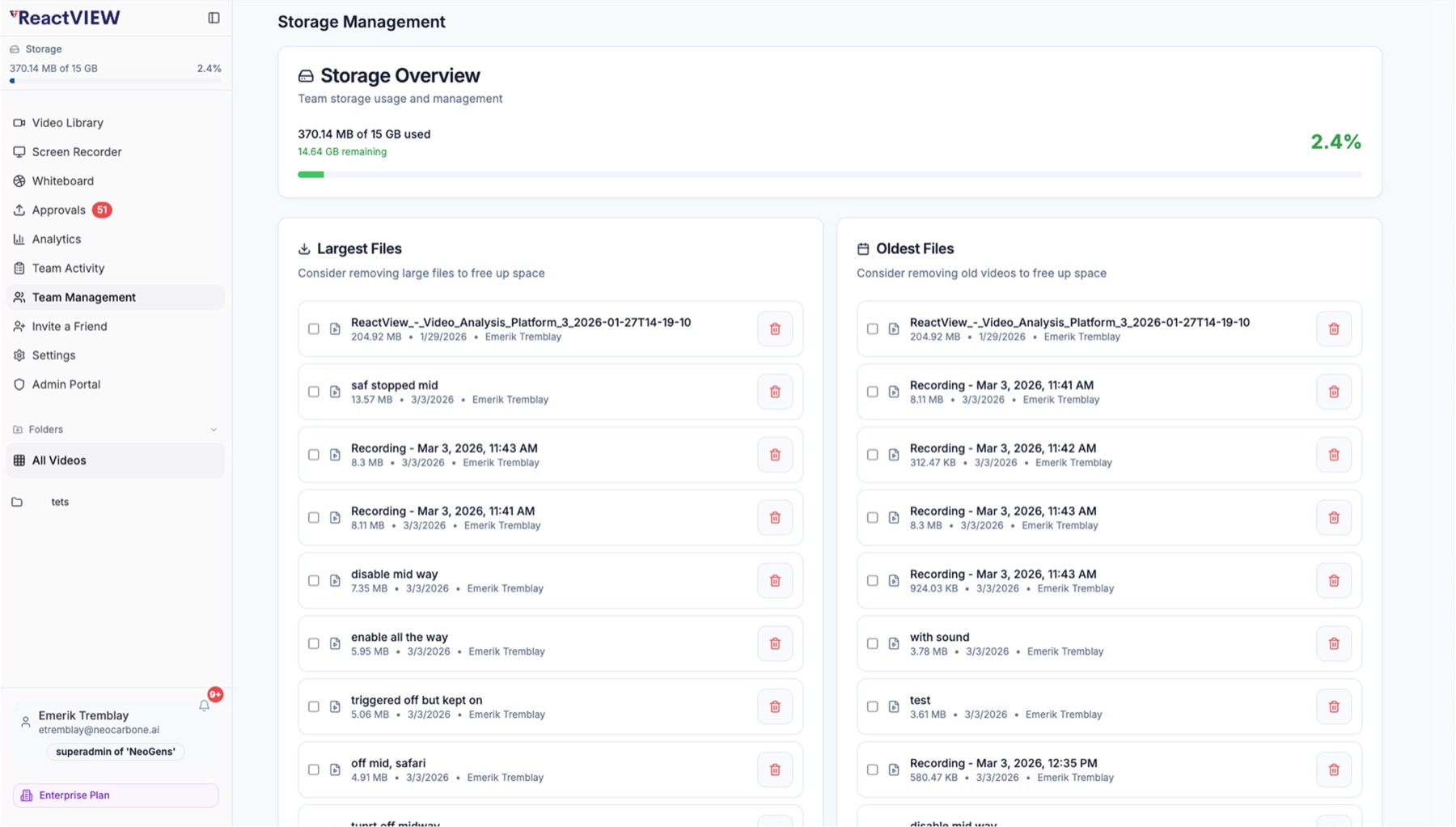 Team storage management: a usage bar beside lists of the largest and oldest files with delete controls