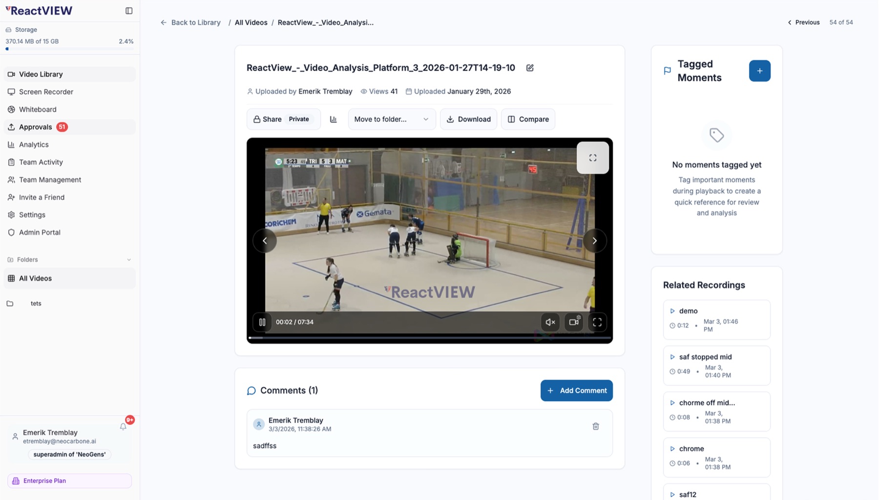 A ReactView video page with share and compare controls, a tagged-moments panel and threaded comments