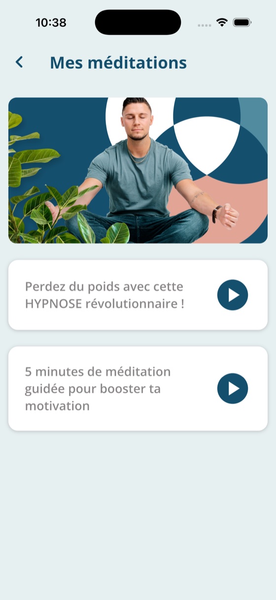 The meditation library, listing guided audio sessions each with a play button.