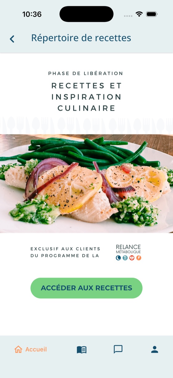 The recipe library for the Libération phase, with a photographed dish and a button to open the recipes.