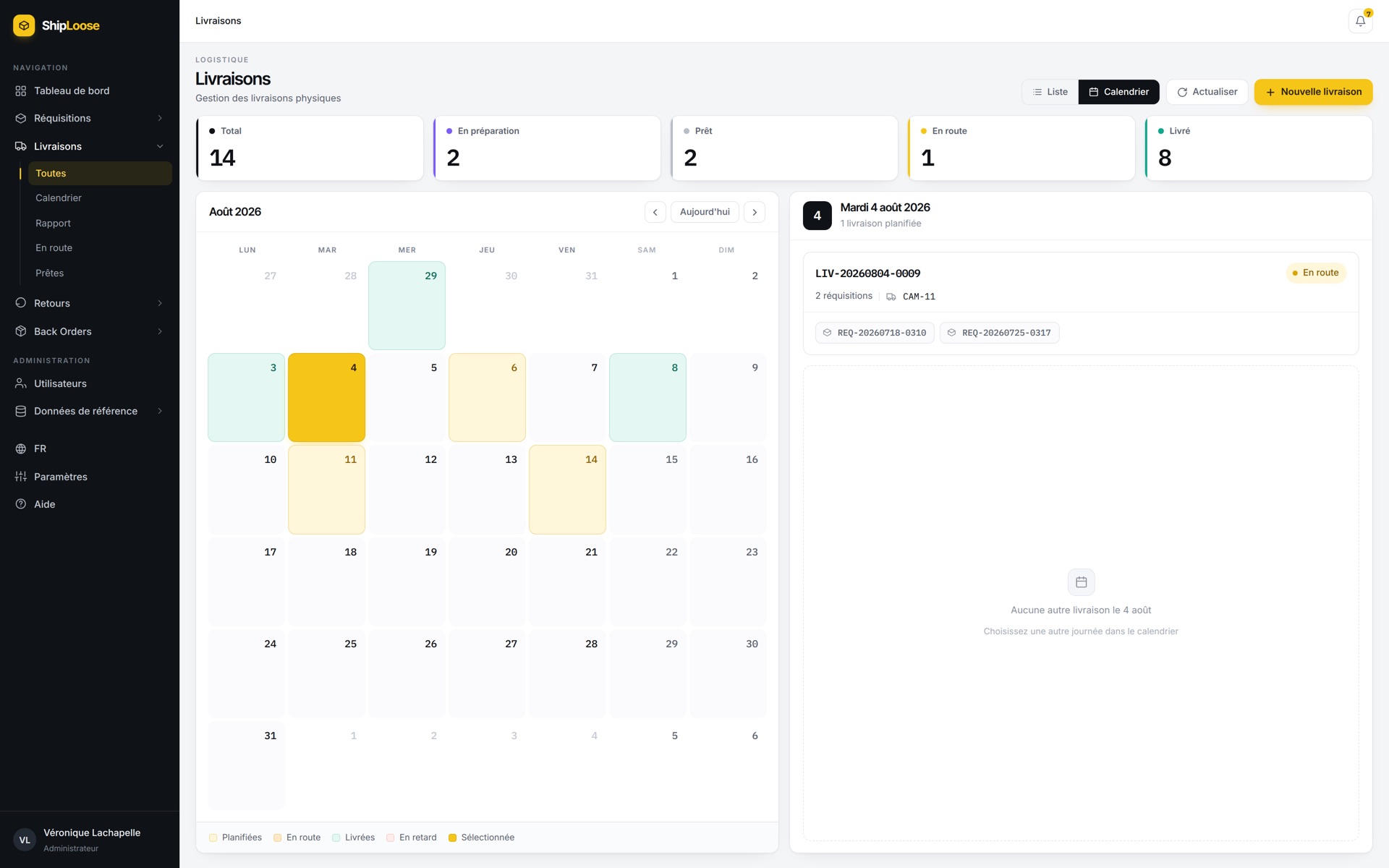 The deliveries calendar in Shiploose: counters for total, in preparation, ready, on the road and delivered above a month grid coloured by delivery state, with the selected day's deliveries listed beside it.