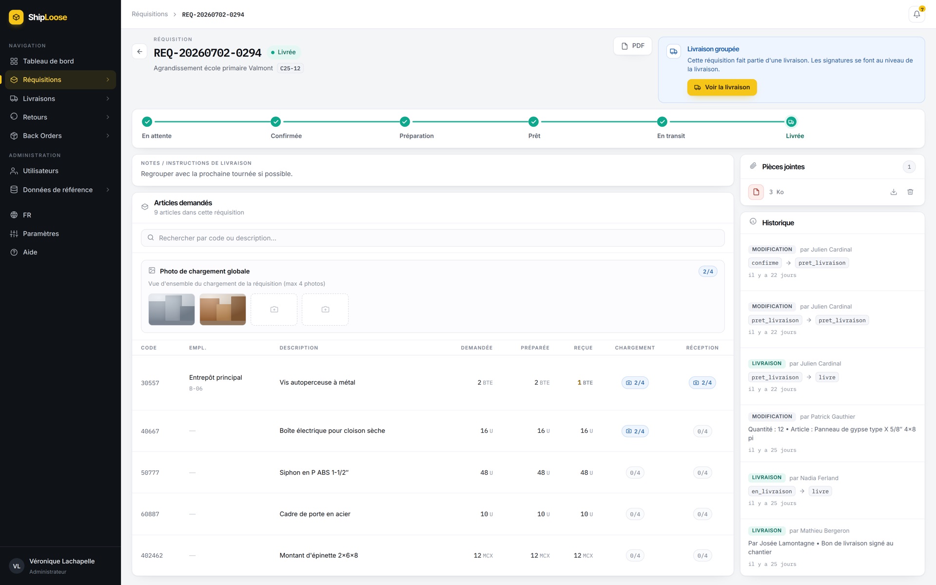 A requisition record in Shiploose: the six-state progression, the loading photographs, and an item table showing code, storage location, description and the quantities requested, prepared and received, beside a panel of attachments and the full change history.