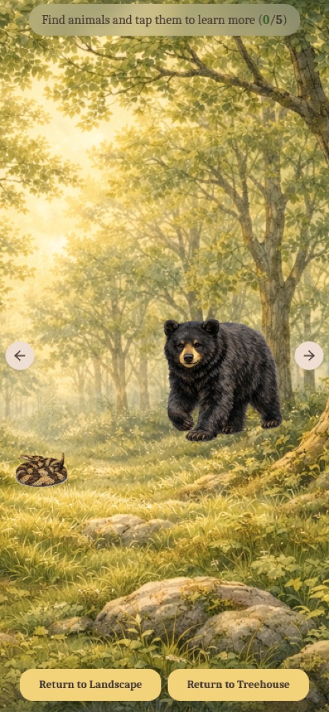 The forest scene on a phone, showing the bear and the rattlesnake, with arrows to move across the scene.