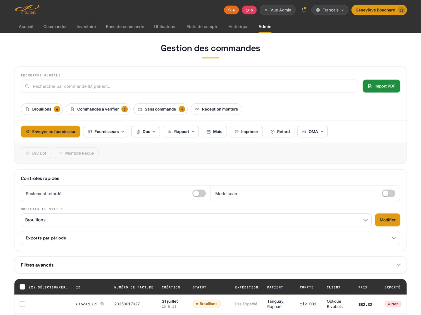 The admin order console: a global search with PDF import, counters for drafts, orders to verify and frames without an order, supplier and report actions, quick controls with a scan-mode toggle and bulk status change, advanced filters, and the order table below.