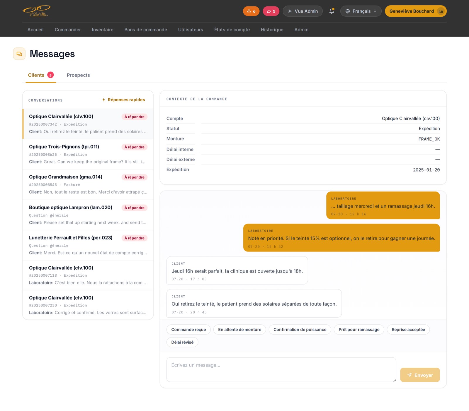 The client messages screen: a list of conversations with an À répondre flag, the order context for the open thread showing account, status, frame, internal and external delay and shipping date, the lab and client messages in order with timestamps, six quick-reply buttons and a message box.