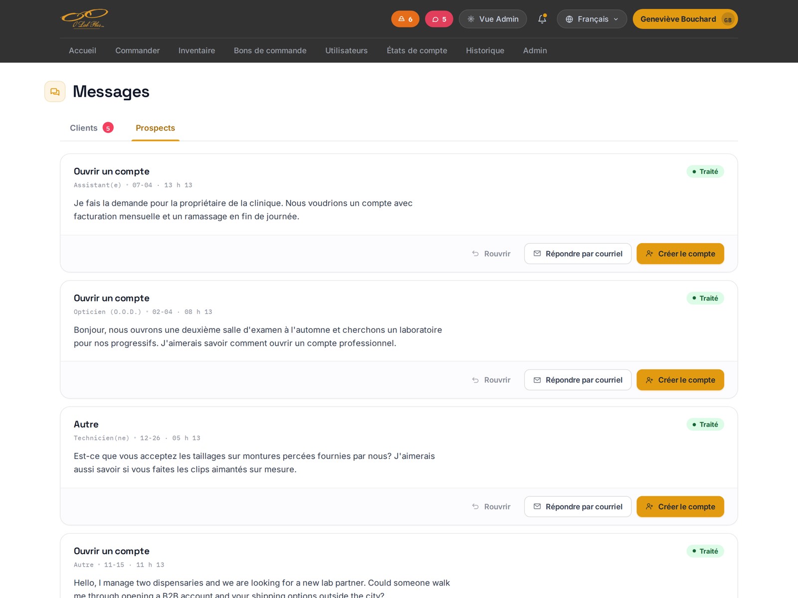 The Prospects tab of the messages screen: account requests from the public contact form, each with the sender's role, the date, the message, a Traité status and buttons to reopen, reply by email or create the account.