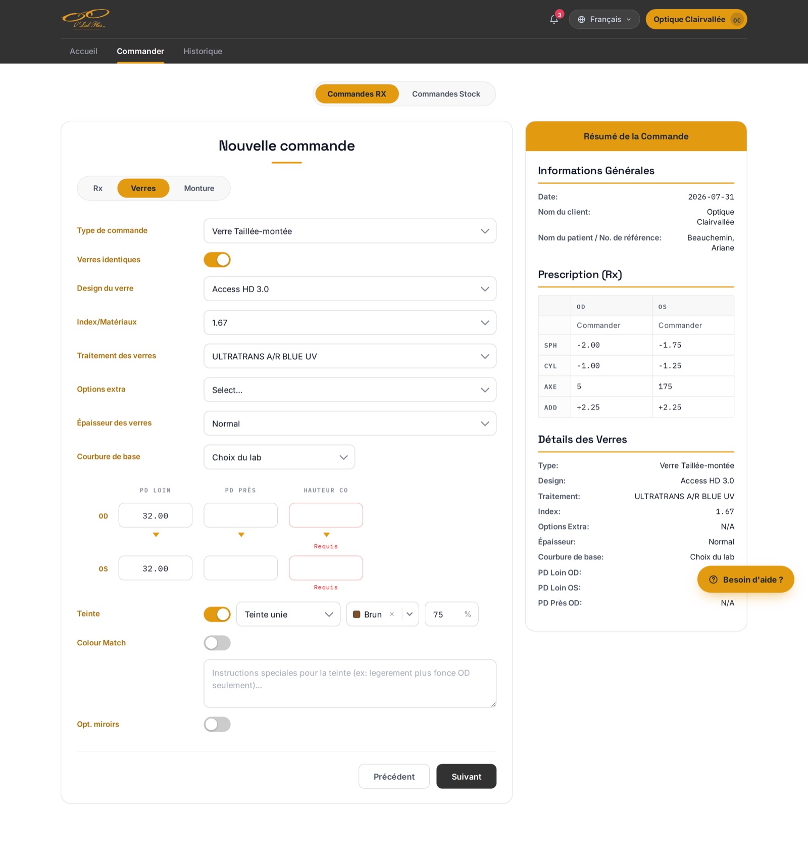 The clinic order form on the lens tab: order type, lens design, index, treatment, extras, thickness and base curve, pupillary distances and segment heights with required-field warnings, tint colour and density, and a live order summary panel listing the prescription and lens details.