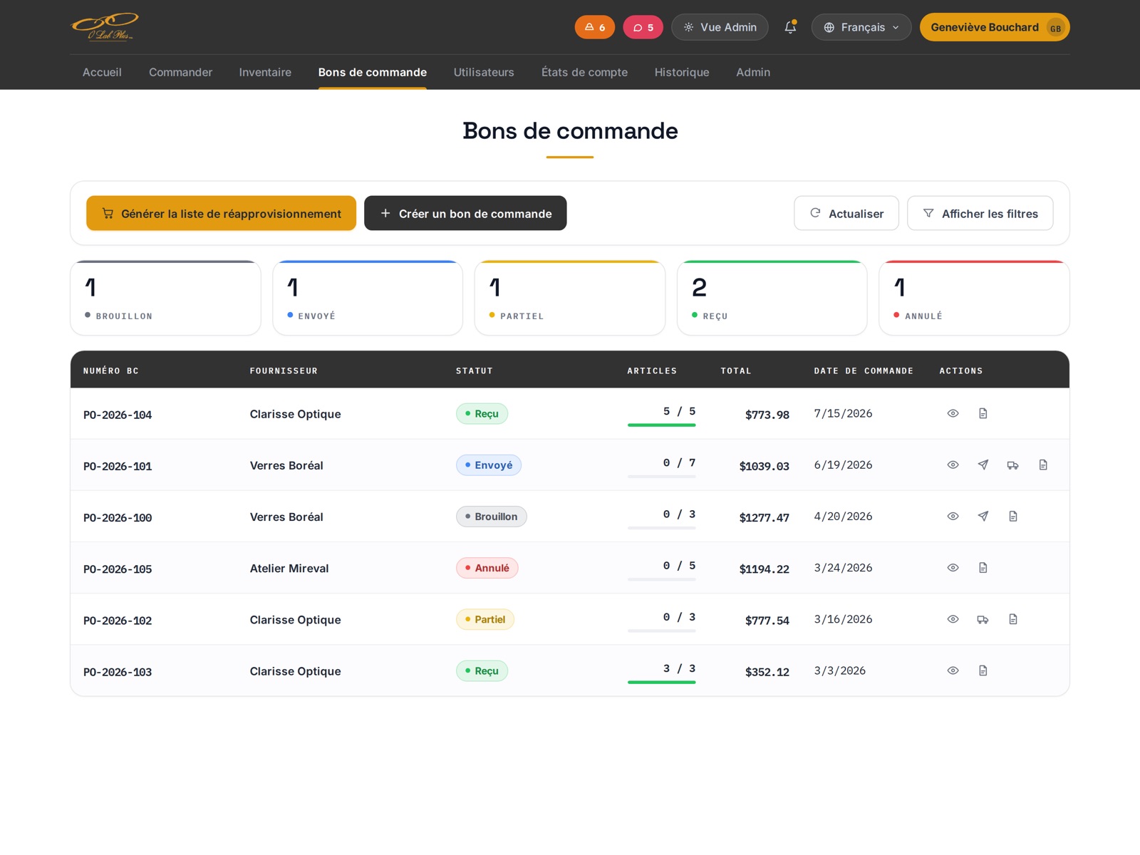 The purchase orders screen: buttons to generate a reorder list and create a purchase order, five status counters for draft, sent, partial, received and cancelled, and a table of orders showing supplier, status, received-versus-ordered quantities with a progress bar, total, order date and per-row actions.