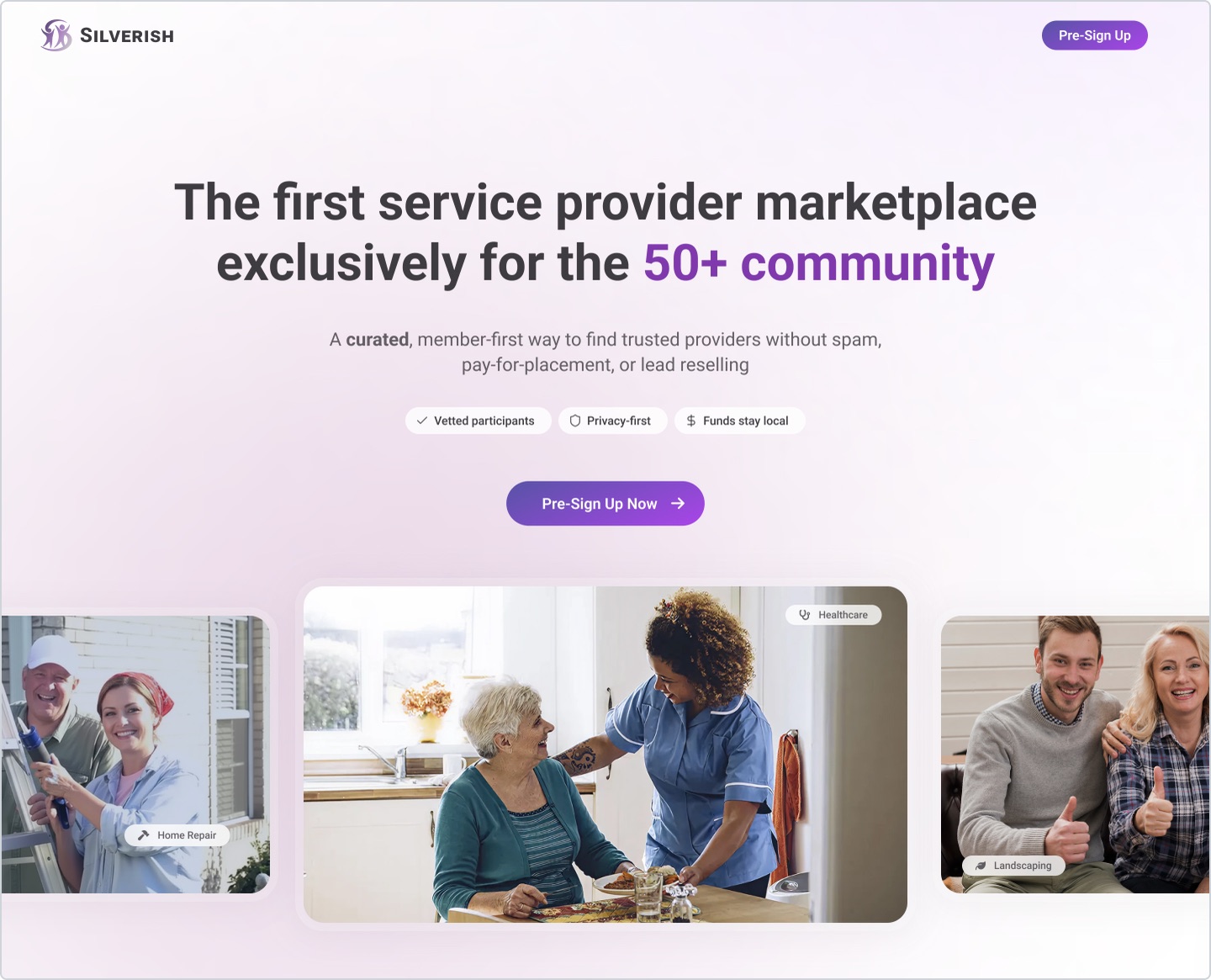 Silverish marketplace landing page on a tablet